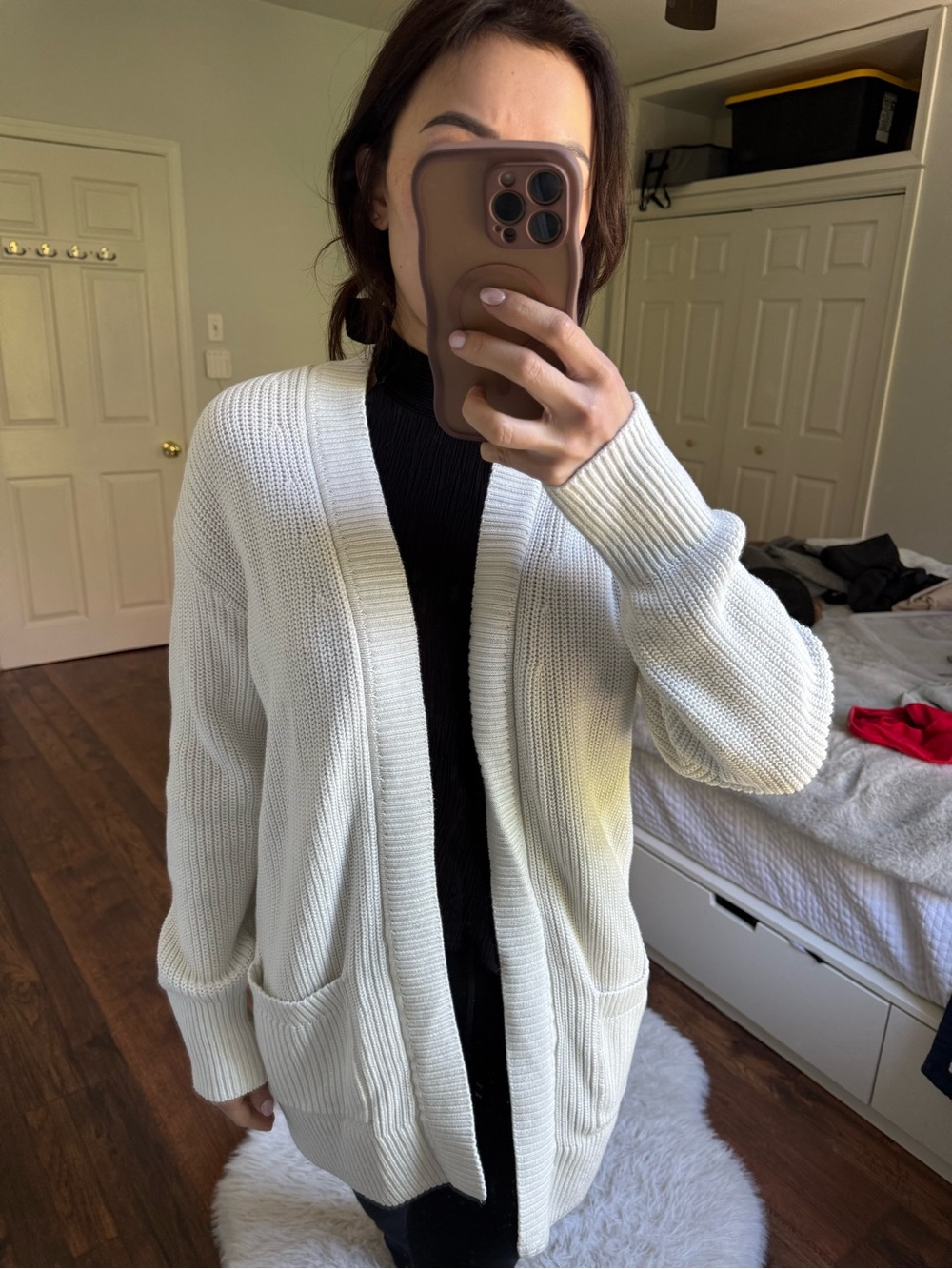 Women’s Open-Front Cream Ribbed Cardigan Sweater